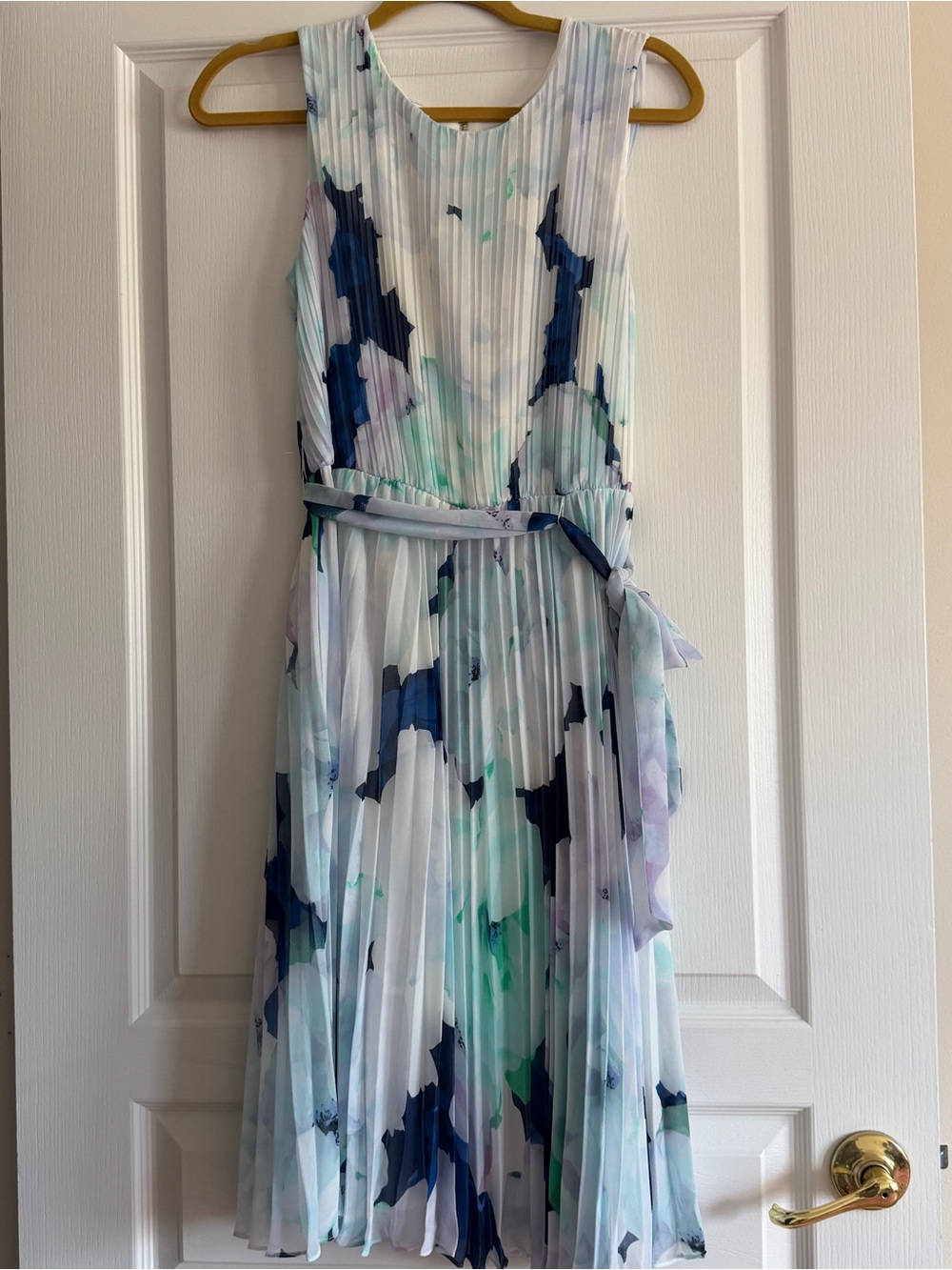 Calvin Klein White Pleated Dress with Pale Blue Accents